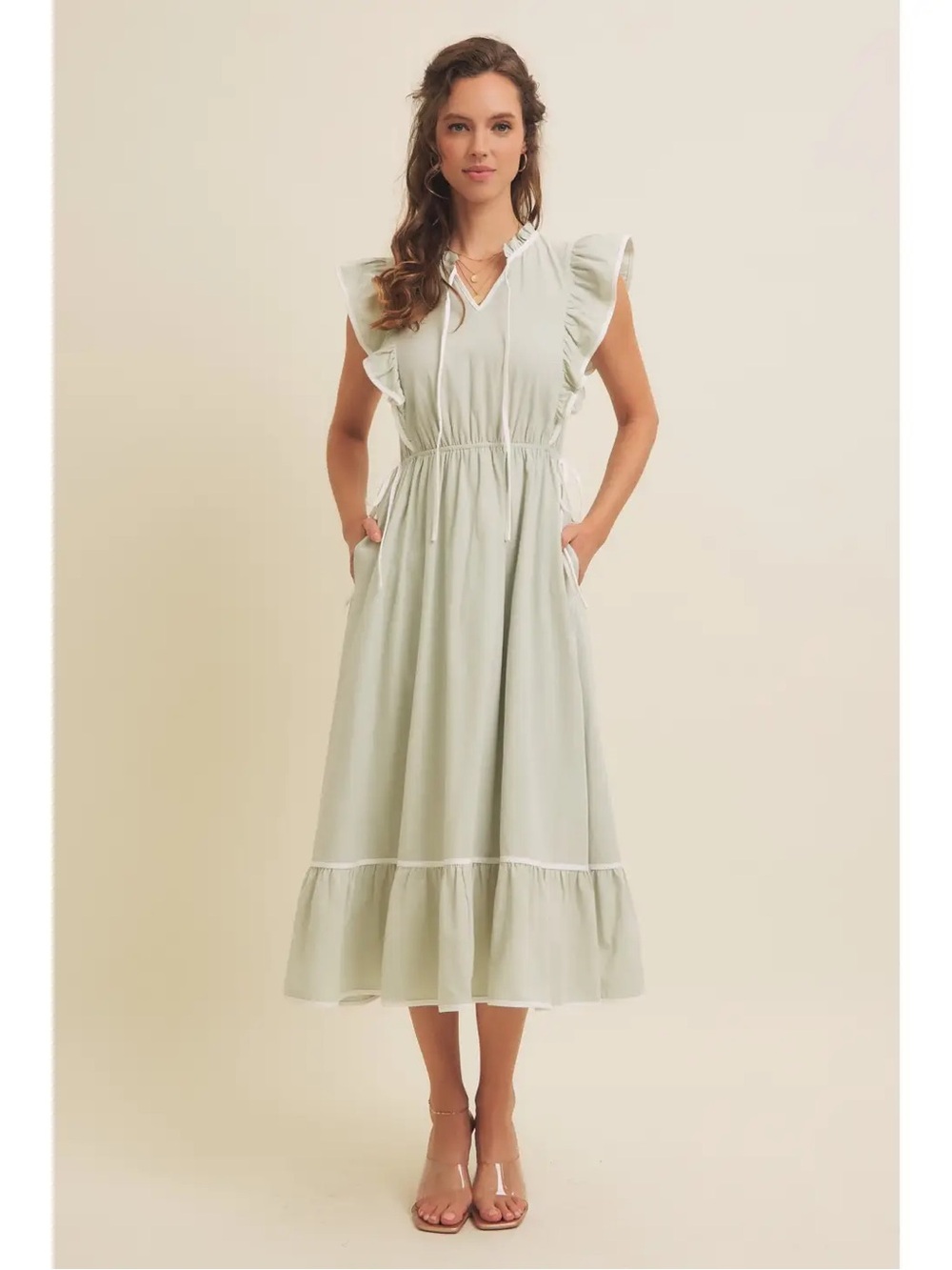 Sleeveless Ruffle Midi Dress in Soft Sage - Picture 2 of 6